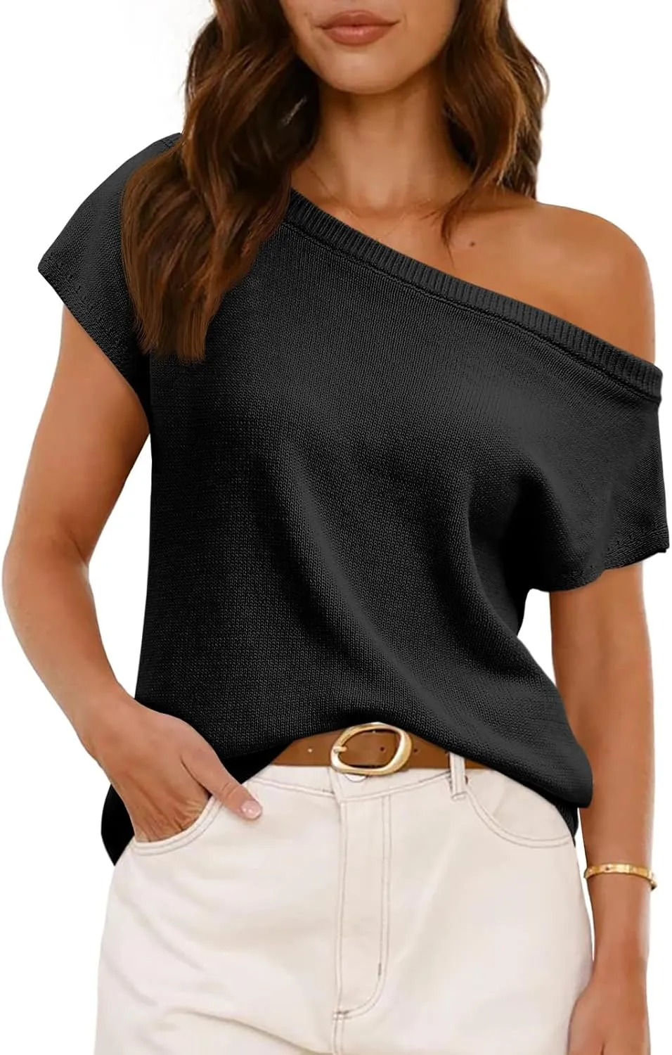 Saodimallsu Womens Off One Shoulder Sweater Tops Summer Short Sleeve Casual Loose Knit Trendy Going Out Tops