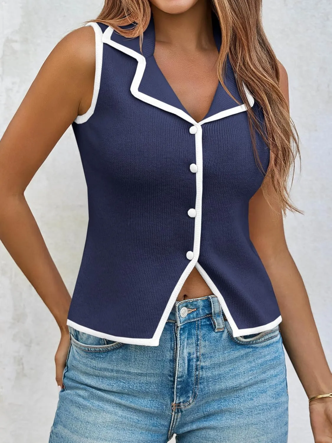 Saodimallsu Womens Sleeveless Sweater Vest Button Color Block Sexy V Neck Collared Summer Knit Tank Tops