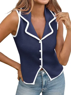 Saodimallsu Womens Sleeveless Sweater Vest Button Color Block Sexy V Neck Collared Summer Knit Tank Tops