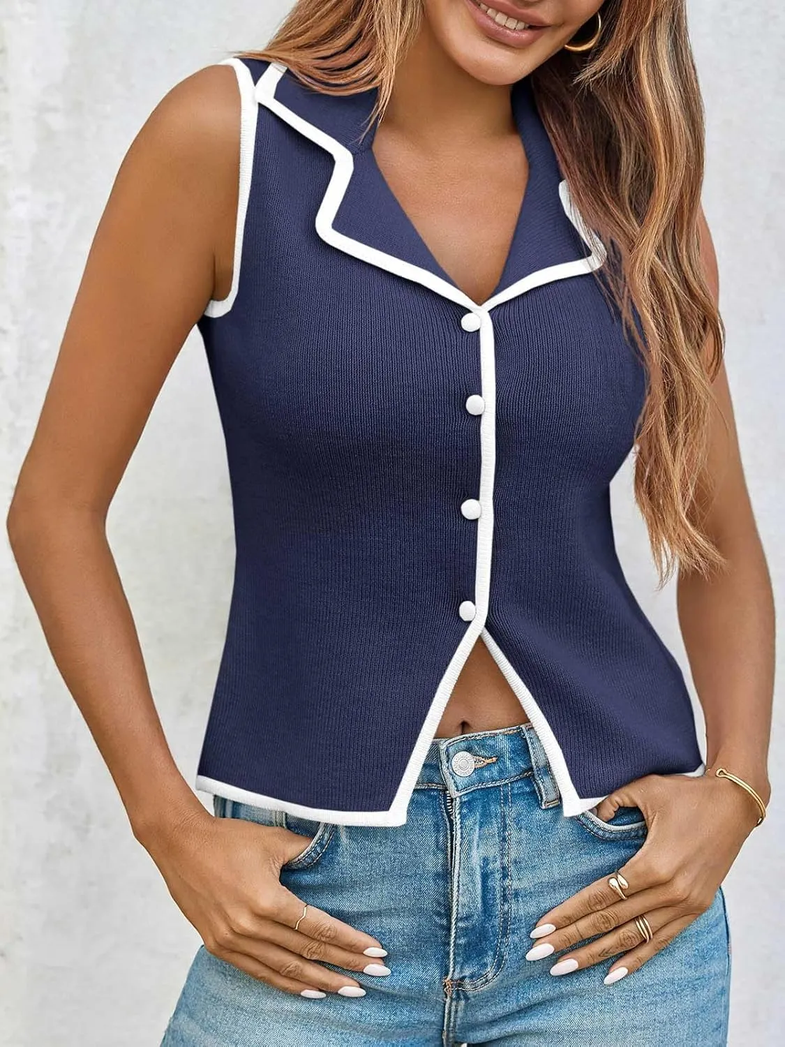 Saodimallsu Womens Sleeveless Sweater Vest Button Color Block Sexy V Neck Collared Summer Knit Tank Tops