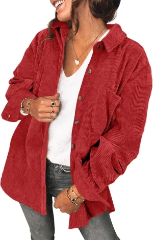 Saslax Womens Corduroy Shirt Long Sleeve Oversized Button Up V Neck Blouses Tops Loose Shacket Jacket