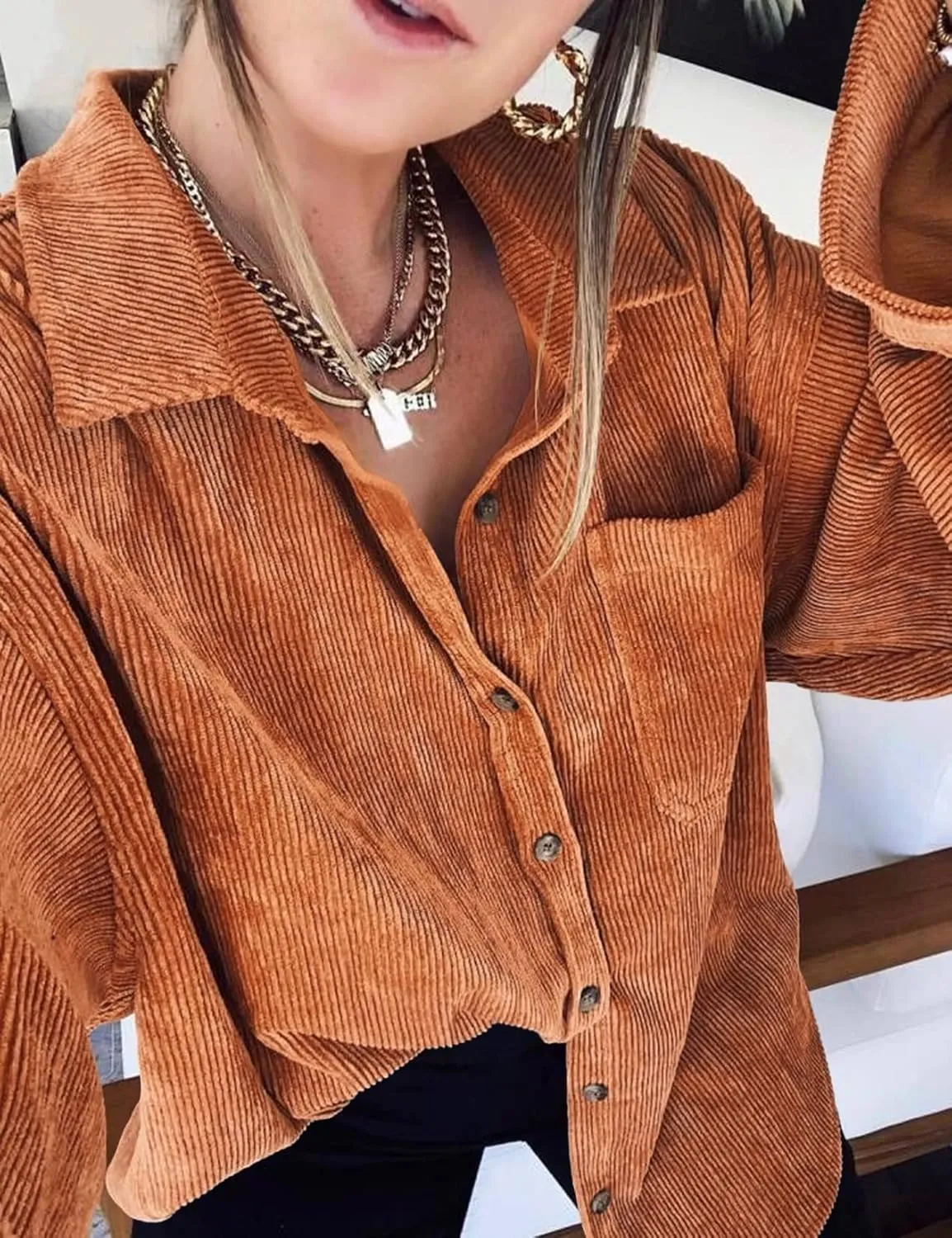 Saslax Womens Corduroy Shirt Long Sleeve Oversized Button Up V Neck Blouses Tops Loose Shacket Jacket