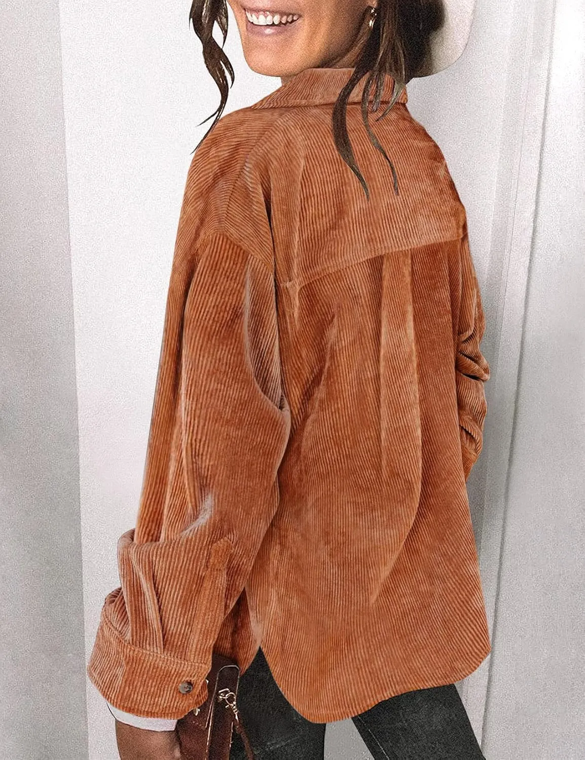 Saslax Womens Corduroy Shirt Long Sleeve Oversized Button Up V Neck Blouses Tops Loose Shacket Jacket