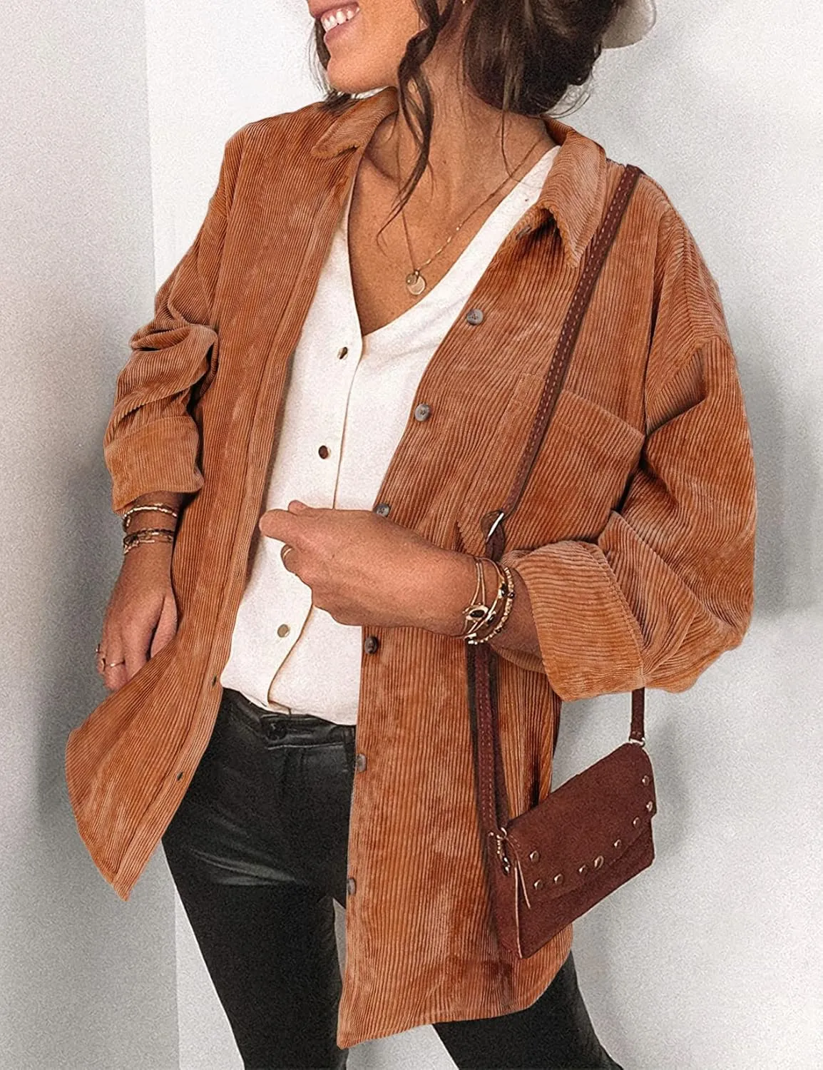 Saslax Womens Corduroy Shirt Long Sleeve Oversized Button Up V Neck Blouses Tops Loose Shacket Jacket