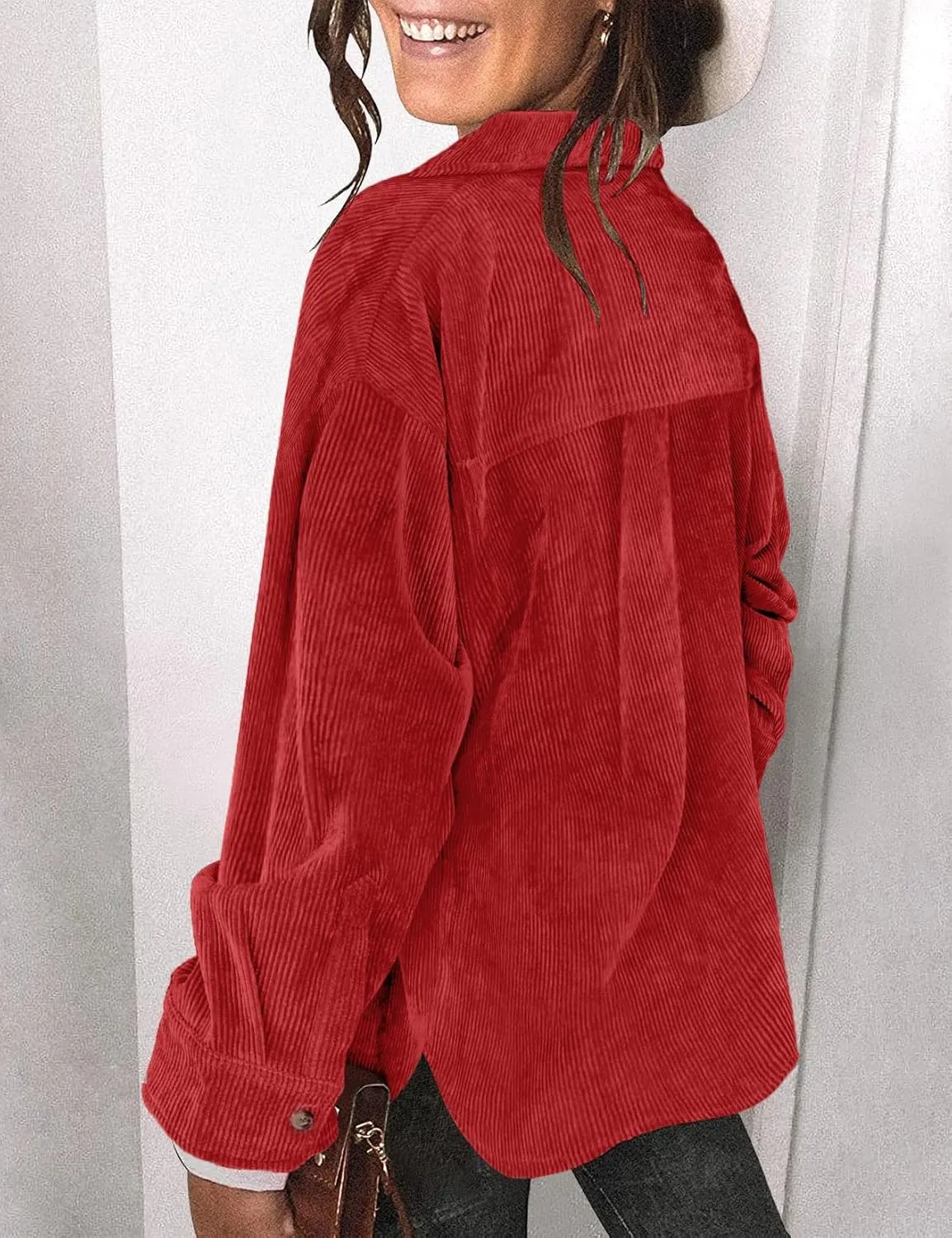 Saslax Womens Corduroy Shirt Long Sleeve Oversized Button Up V Neck Blouses Tops Loose Shacket Jacket