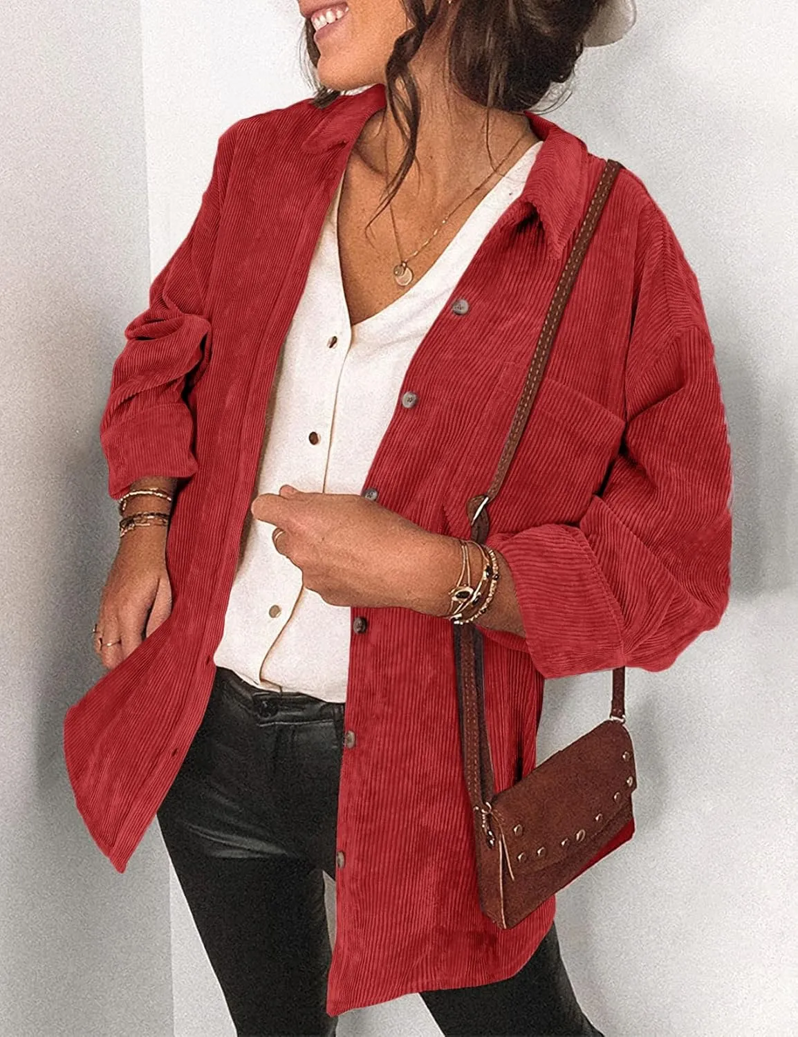 Saslax Womens Corduroy Shirt Long Sleeve Oversized Button Up V Neck Blouses Tops Loose Shacket Jacket