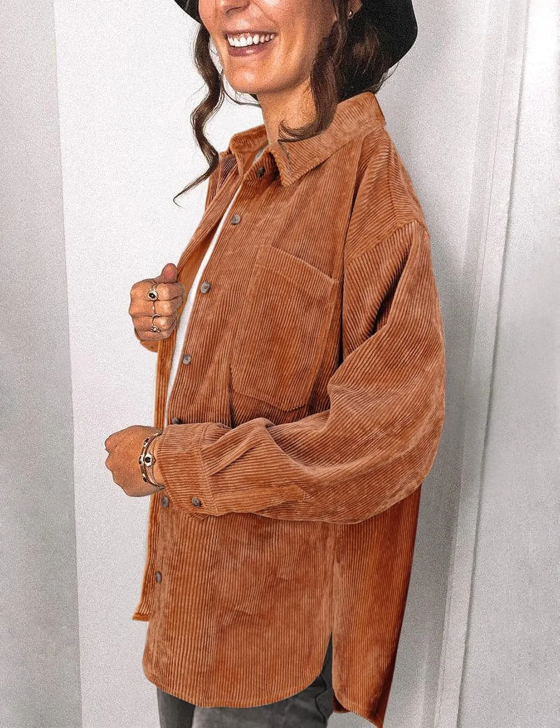 Saslax Womens Corduroy Shirt Long Sleeve Oversized Button Up V Neck Blouses Tops Loose Shacket Jacket