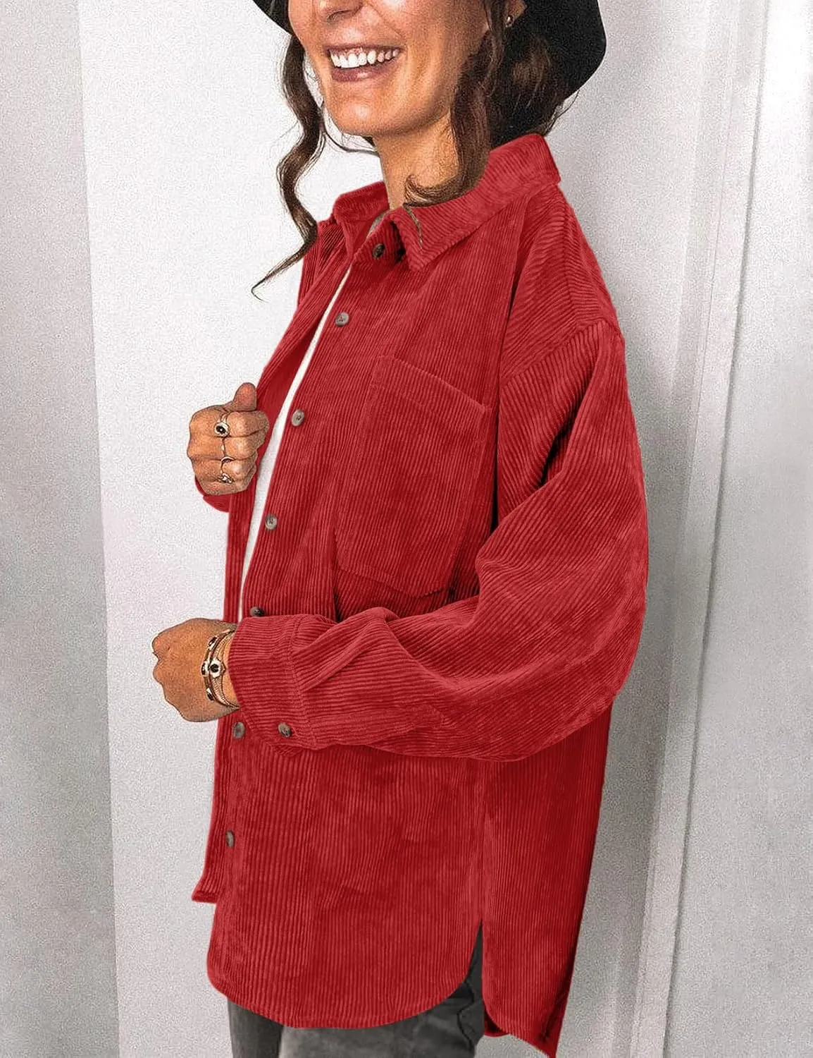 Saslax Womens Corduroy Shirt Long Sleeve Oversized Button Up V Neck Blouses Tops Loose Shacket Jacket