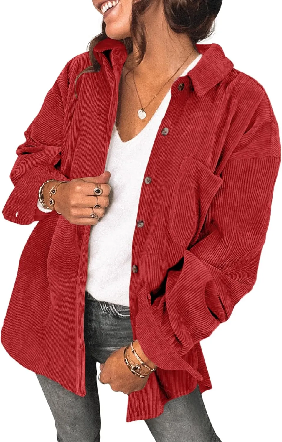 Saslax Womens Corduroy Shirt Long Sleeve Oversized Button Up V Neck Blouses Tops Loose Shacket Jacket