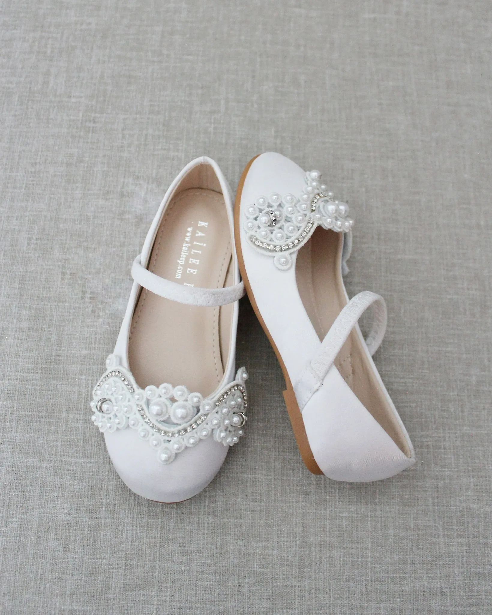Satin Mary Jane Flats with Small Pearls Applique