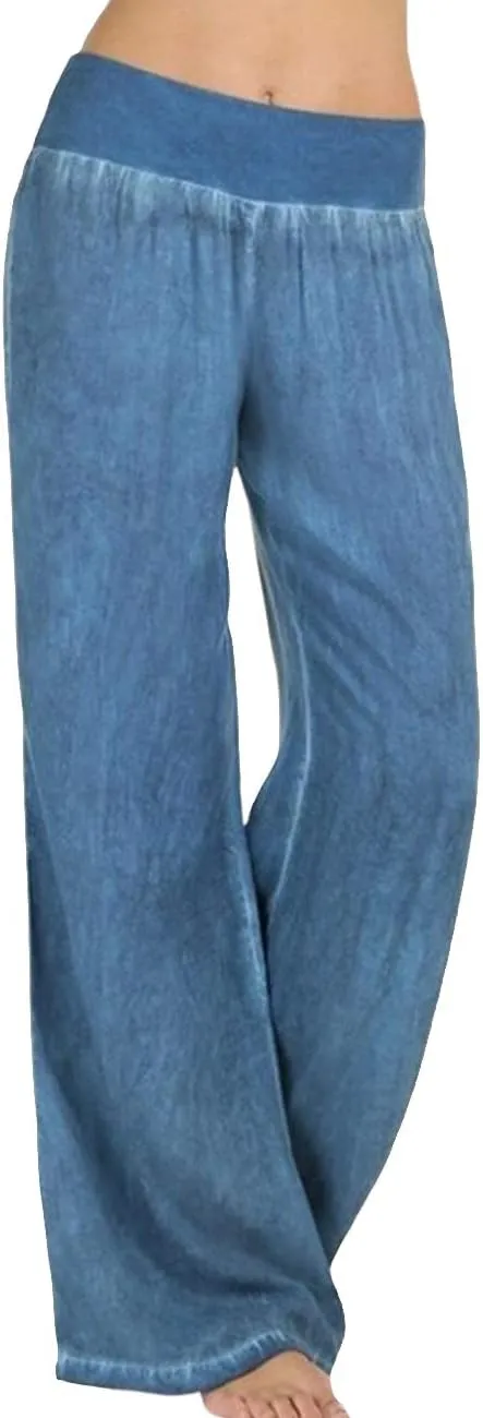 SEMATOMALA Women's Denim Blue Wide Leg Pants Wide Waistband Elastic Waist Trousers High Waist Pull-on Palazzo Pants