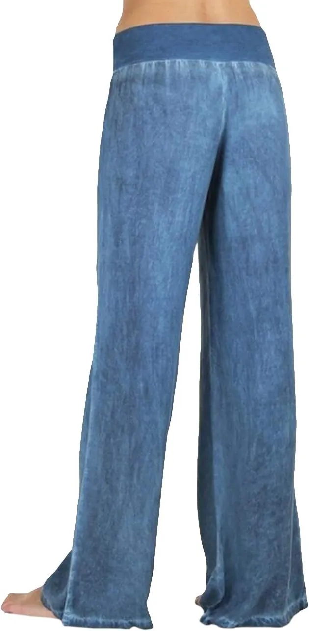 SEMATOMALA Women's Denim Blue Wide Leg Pants Wide Waistband Elastic Waist Trousers High Waist Pull-on Palazzo Pants