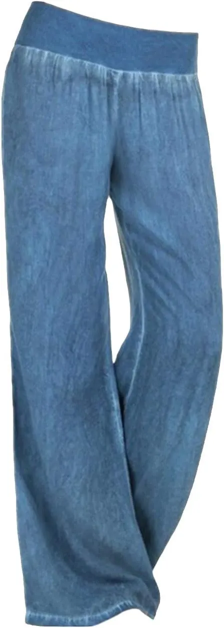 SEMATOMALA Women's Denim Blue Wide Leg Pants Wide Waistband Elastic Waist Trousers High Waist Pull-on Palazzo Pants