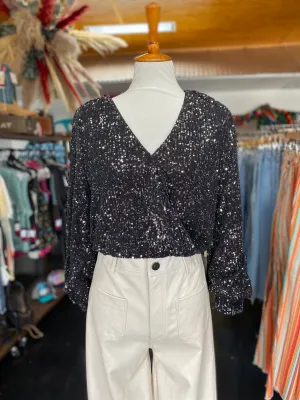 Sequin LS Bodysuit - Black