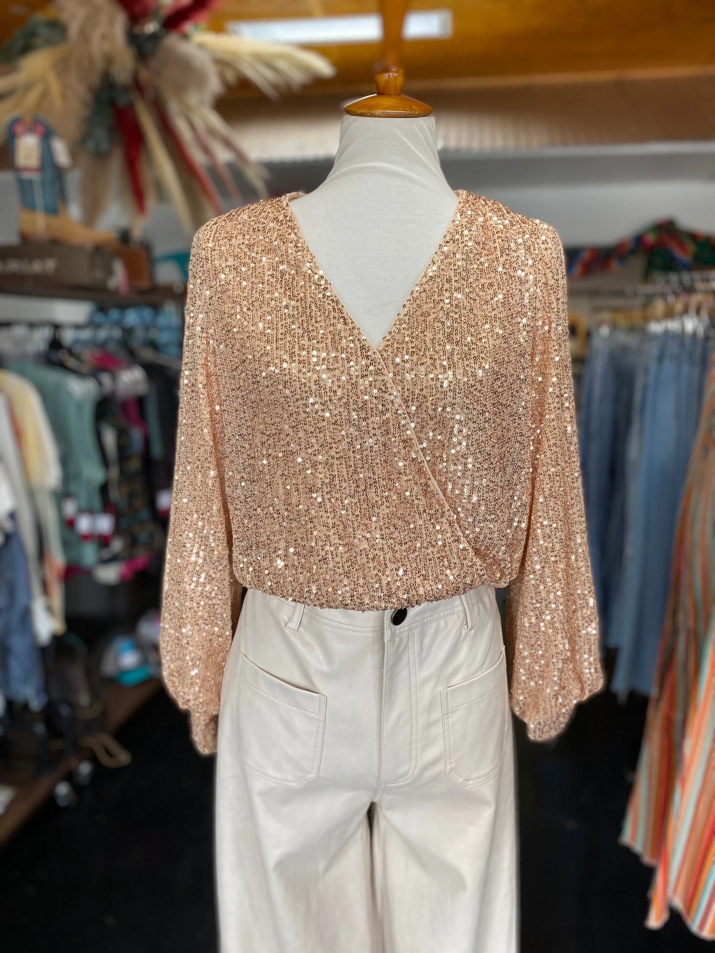 Sequin LS Bodysuit - Champagne