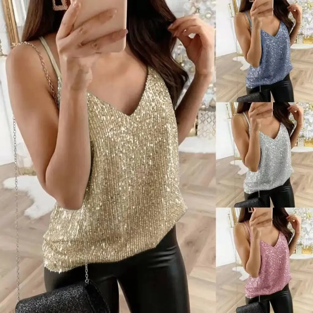 Sequin Top with Deep V-Neck