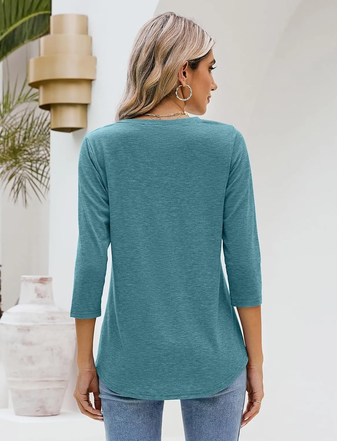 Sherosa Womens V Neck 3/4 Sleeve T Shirts Loose Fit Shirts Casual Solid Basic Tops Tees Blouses