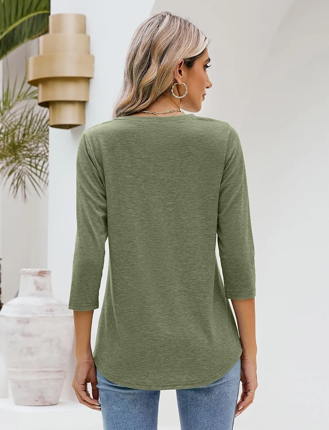 Sherosa Womens V Neck 3/4 Sleeve T Shirts Loose Fit Shirts Casual Solid Basic Tops Tees Blouses