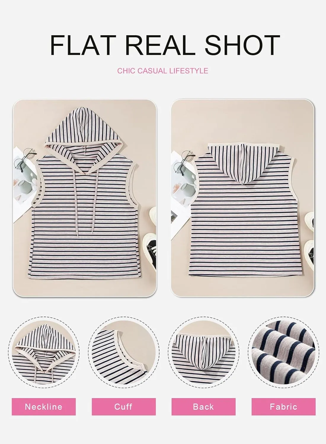 SHEWIN Womens Summer Striped Hooded Cap Sleeve Tops Lightweight Drawstring Hoodies V Neck Casual Blouses Shirts