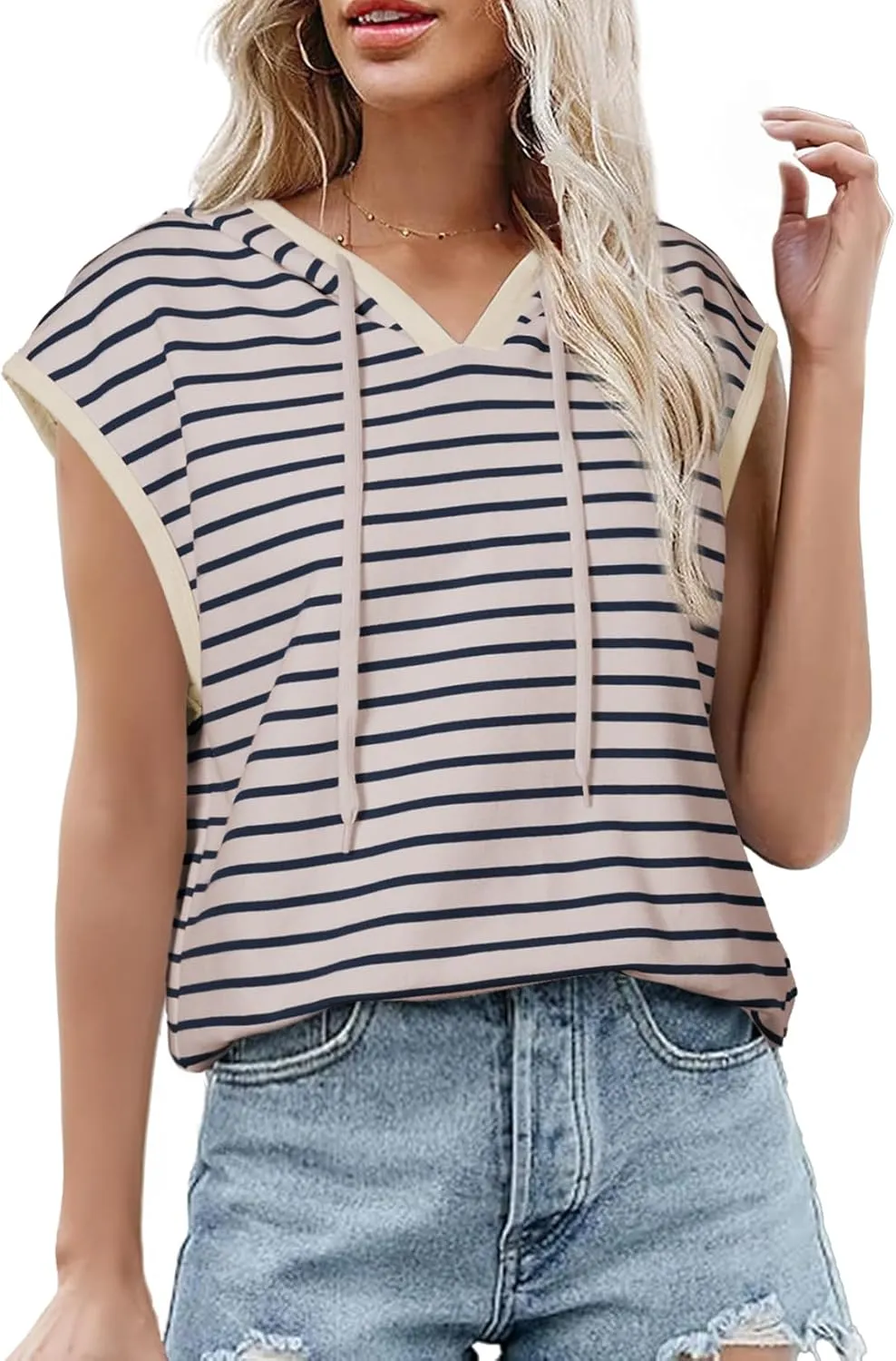 SHEWIN Womens Summer Striped Hooded Cap Sleeve Tops Lightweight Drawstring Hoodies V Neck Casual Blouses Shirts