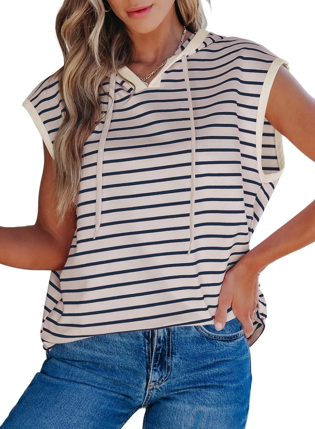 SHEWIN Womens Summer Striped Hooded Cap Sleeve Tops Lightweight Drawstring Hoodies V Neck Casual Blouses Shirts