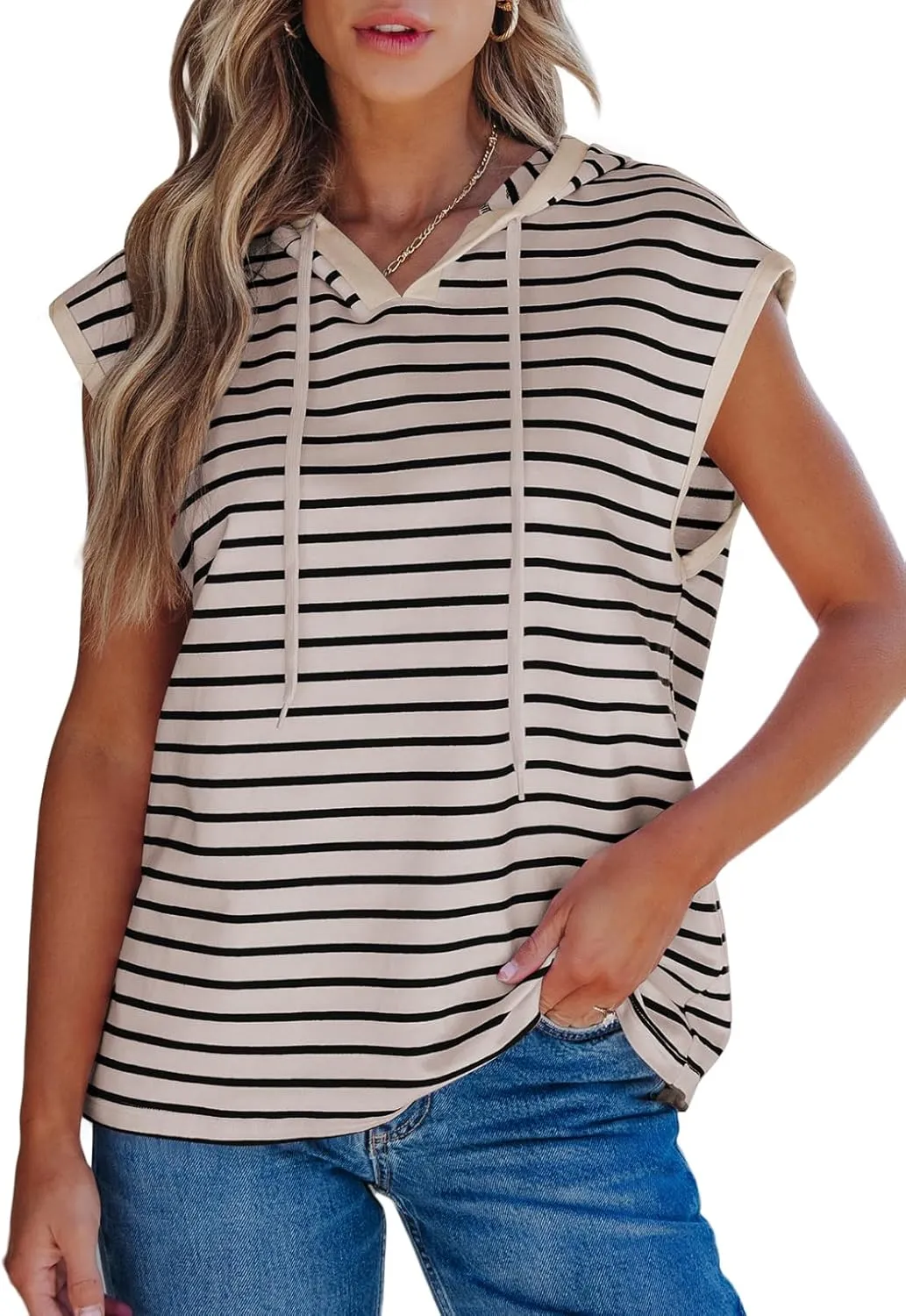 SHEWIN Womens Summer Striped Hooded Cap Sleeve Tops Lightweight Drawstring Hoodies V Neck Casual Blouses Shirts