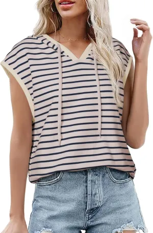 SHEWIN Womens Summer Striped Hooded Cap Sleeve Tops Lightweight Drawstring Hoodies V Neck Casual Blouses Shirts
