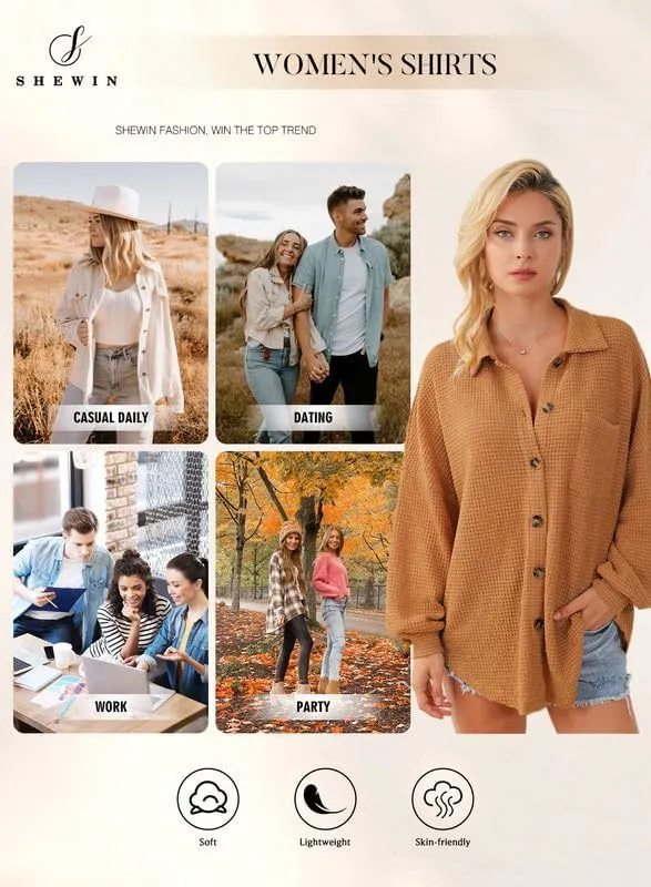 SHEWIN Women's Waffle Knit Button Down Shirts Casual Long Sleeve Shacket Jacket Boyfriend Tops Blouses Loose Fit
