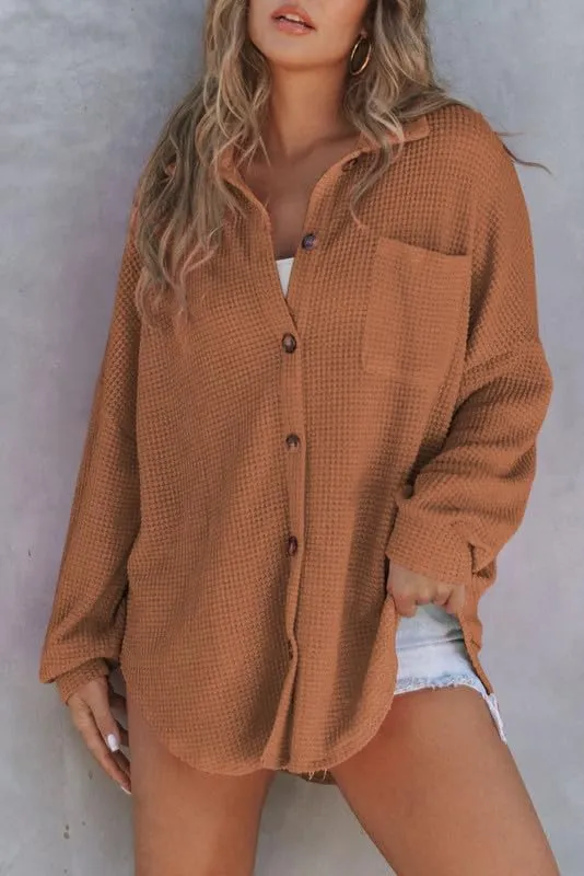 SHEWIN Women's Waffle Knit Button Down Shirts Casual Long Sleeve Shacket Jacket Boyfriend Tops Blouses Loose Fit
