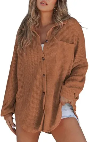 SHEWIN Women's Waffle Knit Button Down Shirts Casual Long Sleeve Shacket Jacket Boyfriend Tops Blouses Loose Fit
