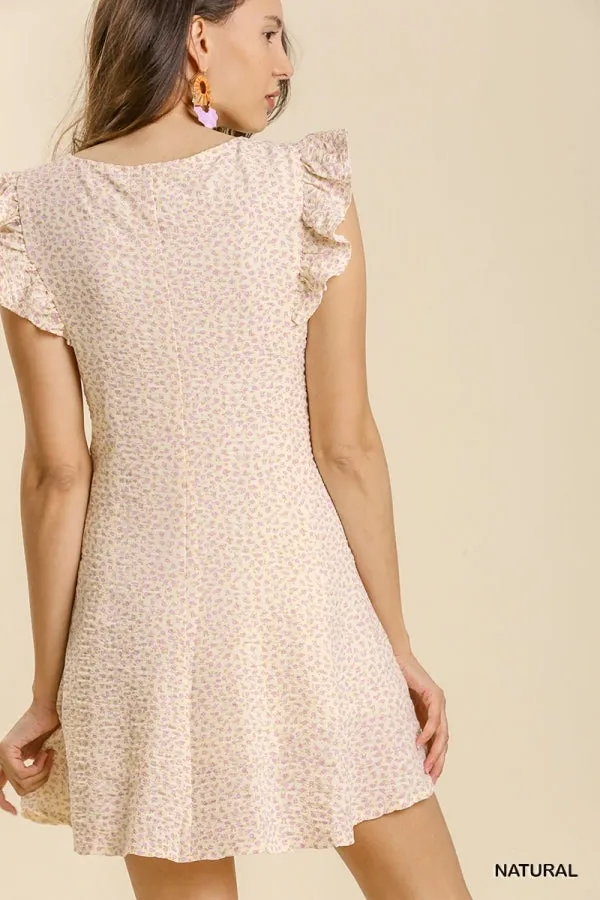 Short Bell Sleeve Crinkle Fabric Lace-Up Dress