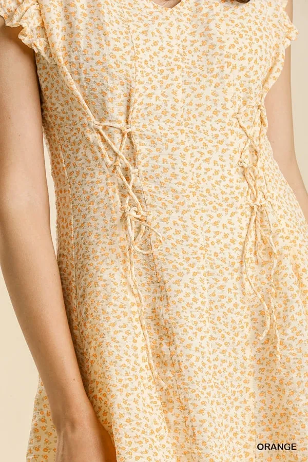 Short Bell Sleeve Crinkle Fabric Lace-Up Dress