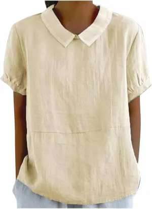 Short Sleeve Linen Tshirt for Women Peter Pan Collar Blouses Vintage Casual Loose Fit Cute Tops Summer Clothes 2025