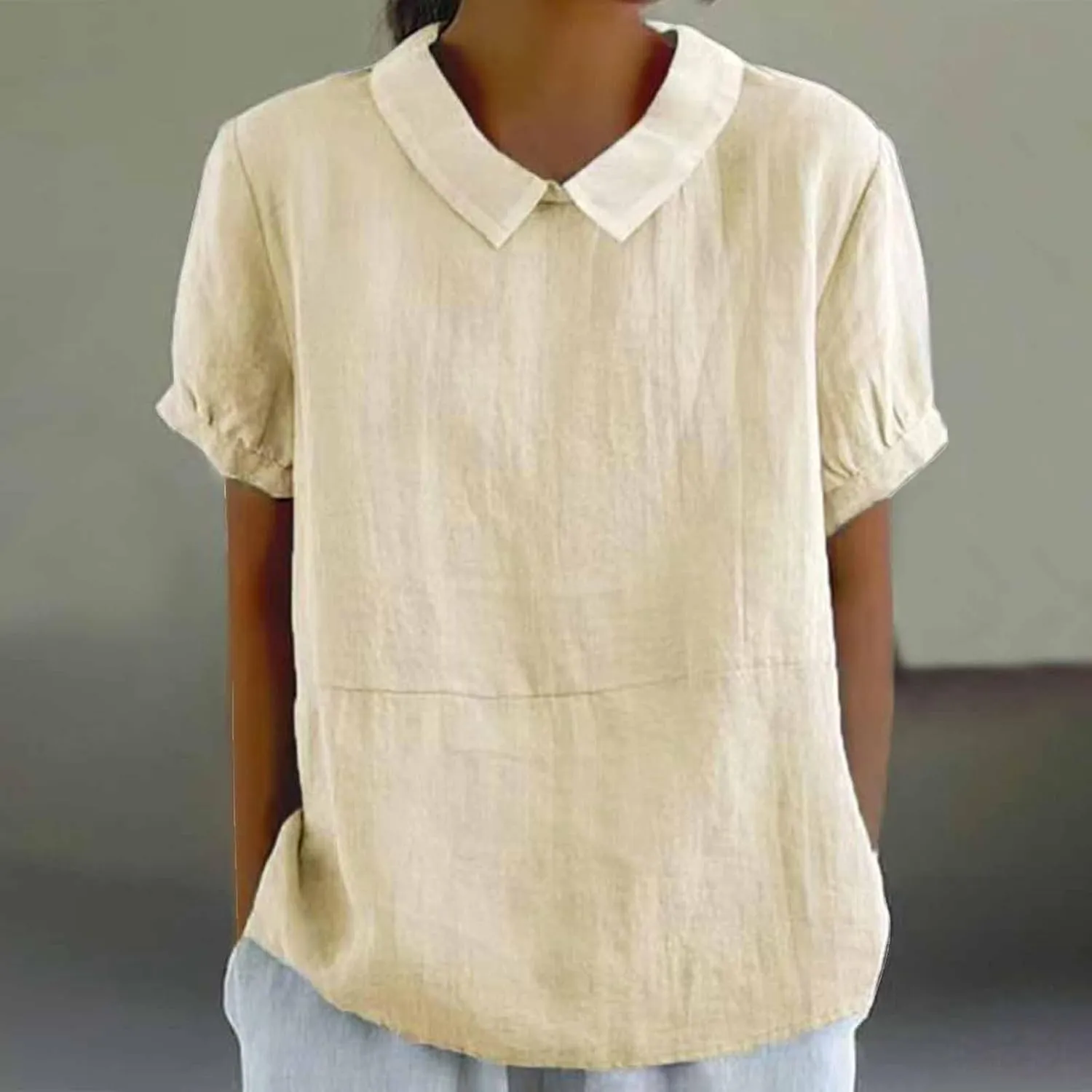 Short Sleeve Linen Tshirt for Women Peter Pan Collar Blouses Vintage Casual Loose Fit Cute Tops Summer Clothes 2025