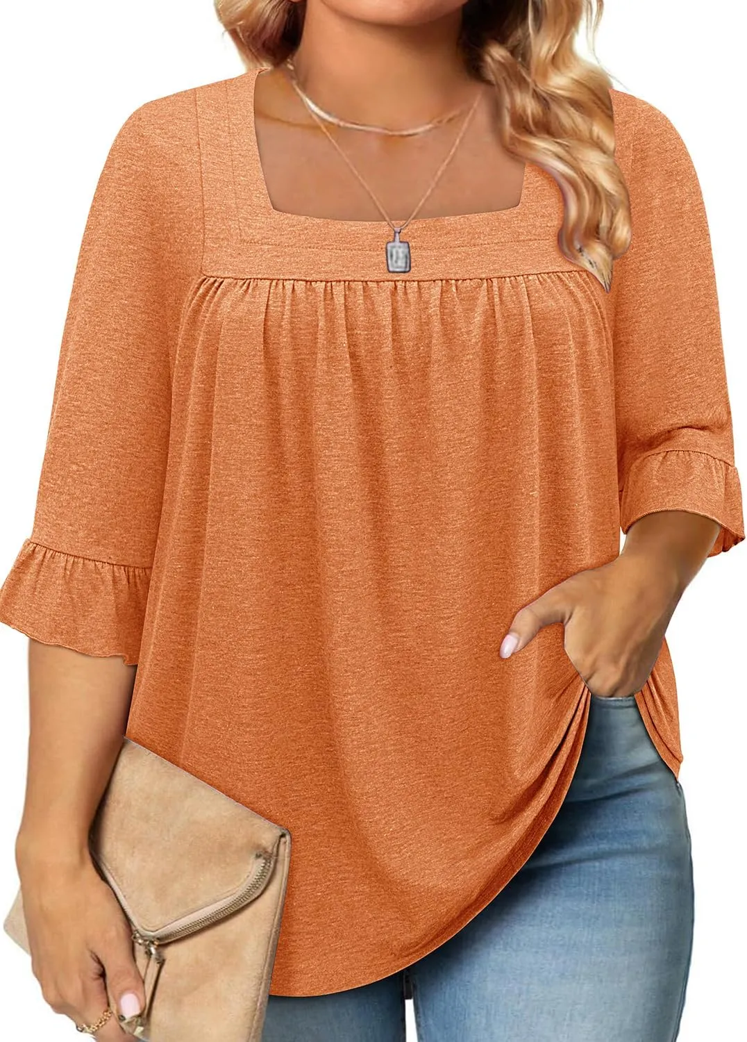 Siddhe Womens Plus Size Tops Loose Fit 3/4 Ruffle Sleeve Blouses Square Neck T Shirt Casual Tunic Tops(1X-5X)