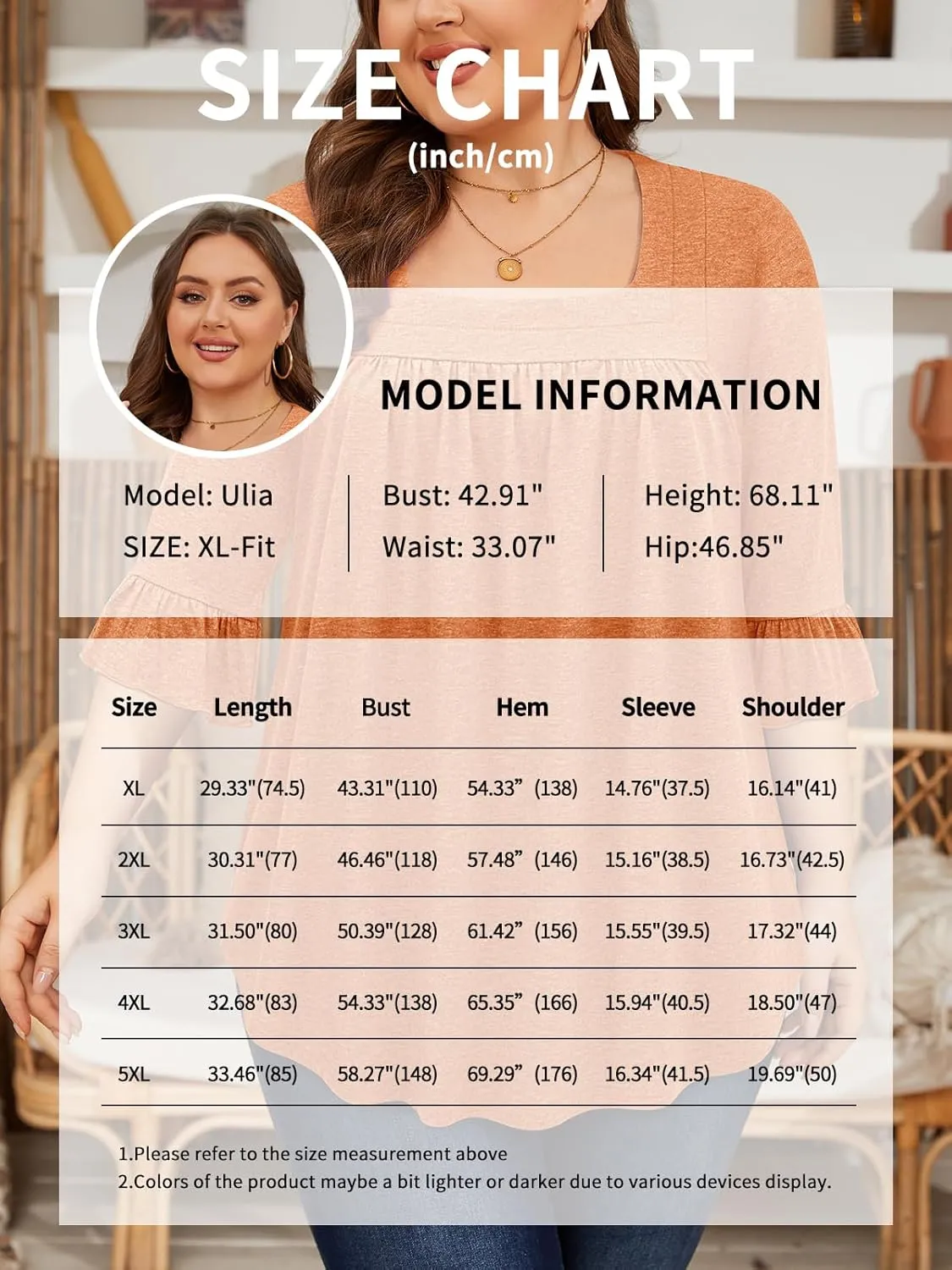 Siddhe Womens Plus Size Tops Loose Fit 3/4 Ruffle Sleeve Blouses Square Neck T Shirt Casual Tunic Tops(1X-5X)