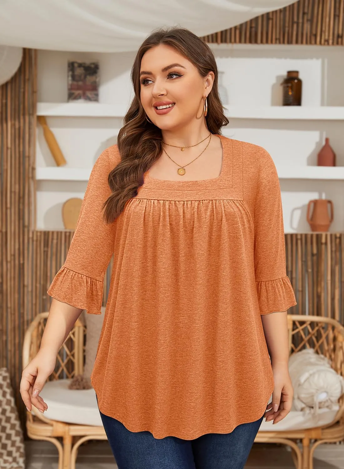 Siddhe Womens Plus Size Tops Loose Fit 3/4 Ruffle Sleeve Blouses Square Neck T Shirt Casual Tunic Tops(1X-5X)