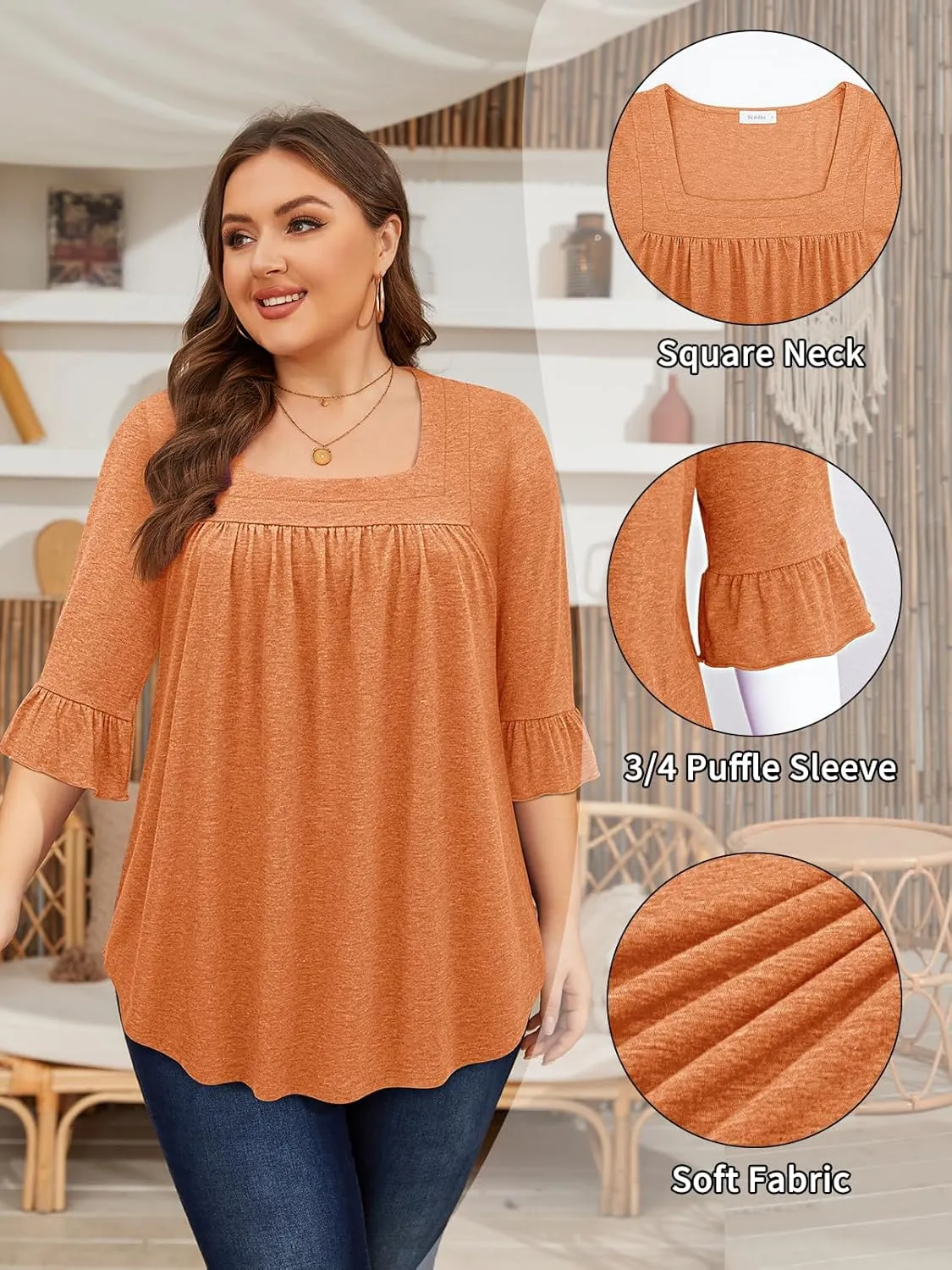 Siddhe Womens Plus Size Tops Loose Fit 3/4 Ruffle Sleeve Blouses Square Neck T Shirt Casual Tunic Tops(1X-5X)