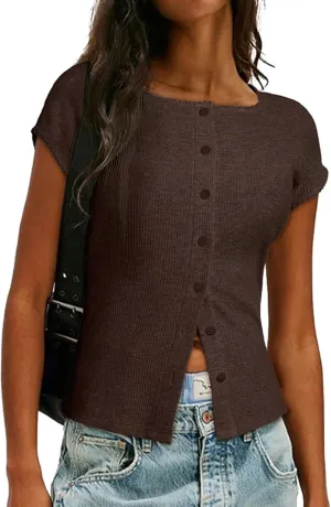 Sidefeel Women's Going Out Tops Summer Short Sleeve Cardigans Button Down Crewneck Lightweight Sweater Knit Tops