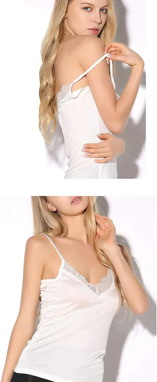 SilRiver Silk Women's Camisole Deep V-Neck Tank Tops Lace Cami Tops for Women Undershirts