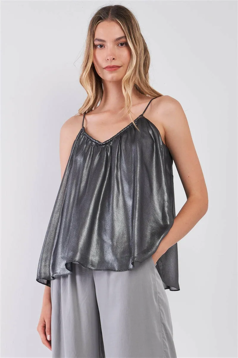 Silver Black Soft V-neck Sleeveless Gathered Loose Fit Top