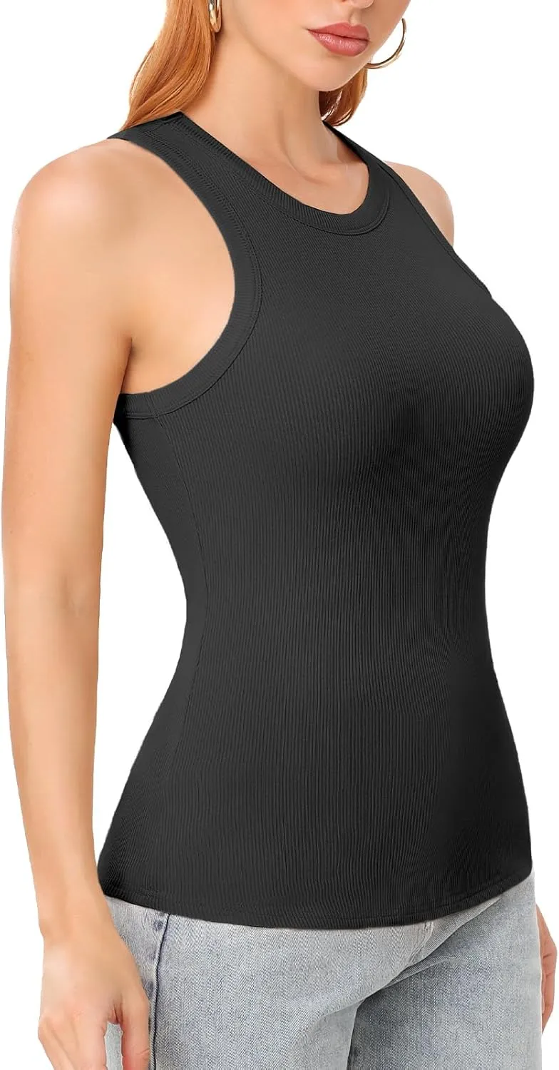SIMIYA Tank Tops for Women Ribbed Sleeveless Racerback Summer Basic Cami Top Shirt Round High Neck Slim Fitted Blouses