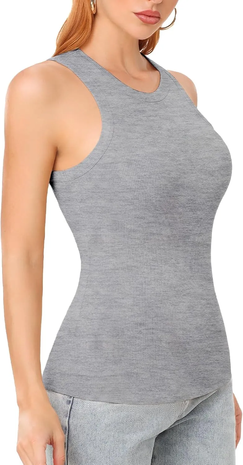 SIMIYA Tank Tops for Women Ribbed Sleeveless Racerback Summer Basic Cami Top Shirt Round High Neck Slim Fitted Blouses