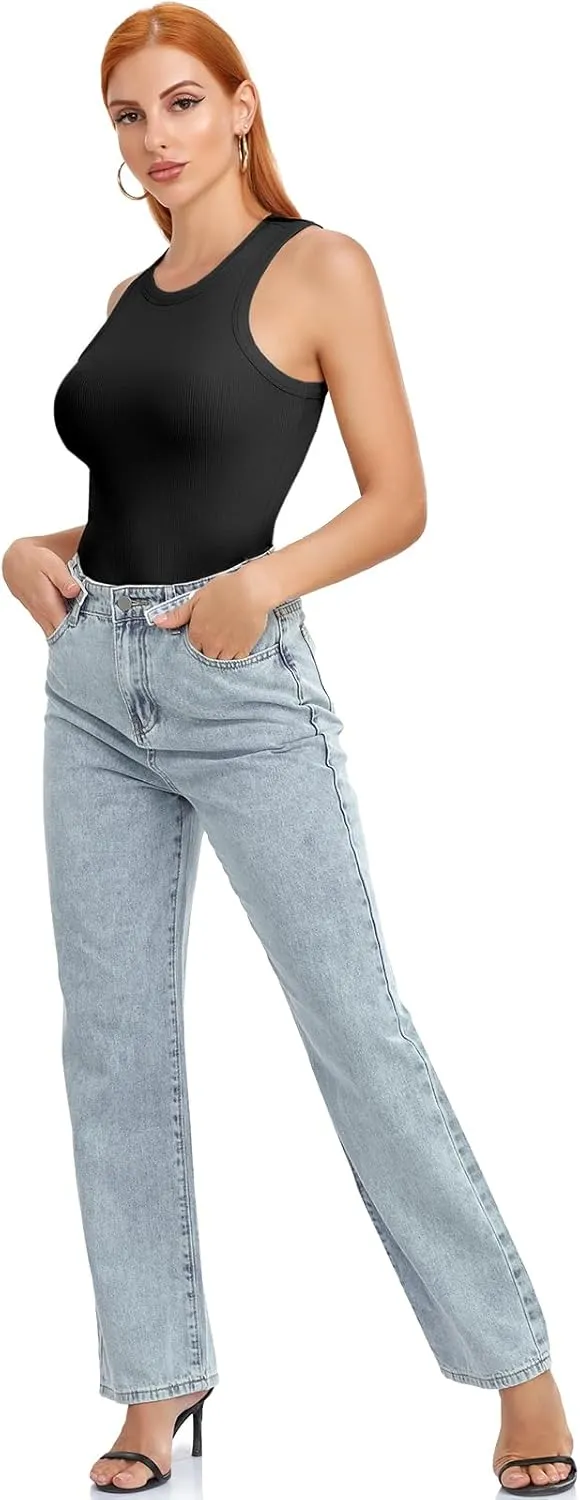 SIMIYA Tank Tops for Women Ribbed Sleeveless Racerback Summer Basic Cami Top Shirt Round High Neck Slim Fitted Blouses