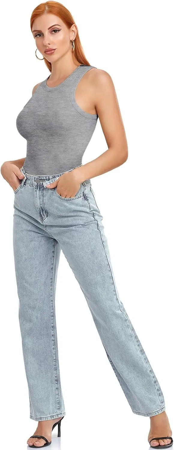 SIMIYA Tank Tops for Women Ribbed Sleeveless Racerback Summer Basic Cami Top Shirt Round High Neck Slim Fitted Blouses