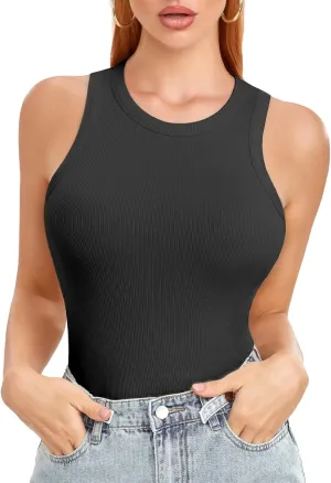 SIMIYA Tank Tops for Women Ribbed Sleeveless Racerback Summer Basic Cami Top Shirt Round High Neck Slim Fitted Blouses