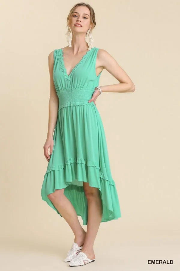 Sleeveless Smocked Waist Lace Front Midi High Low Hem Dress