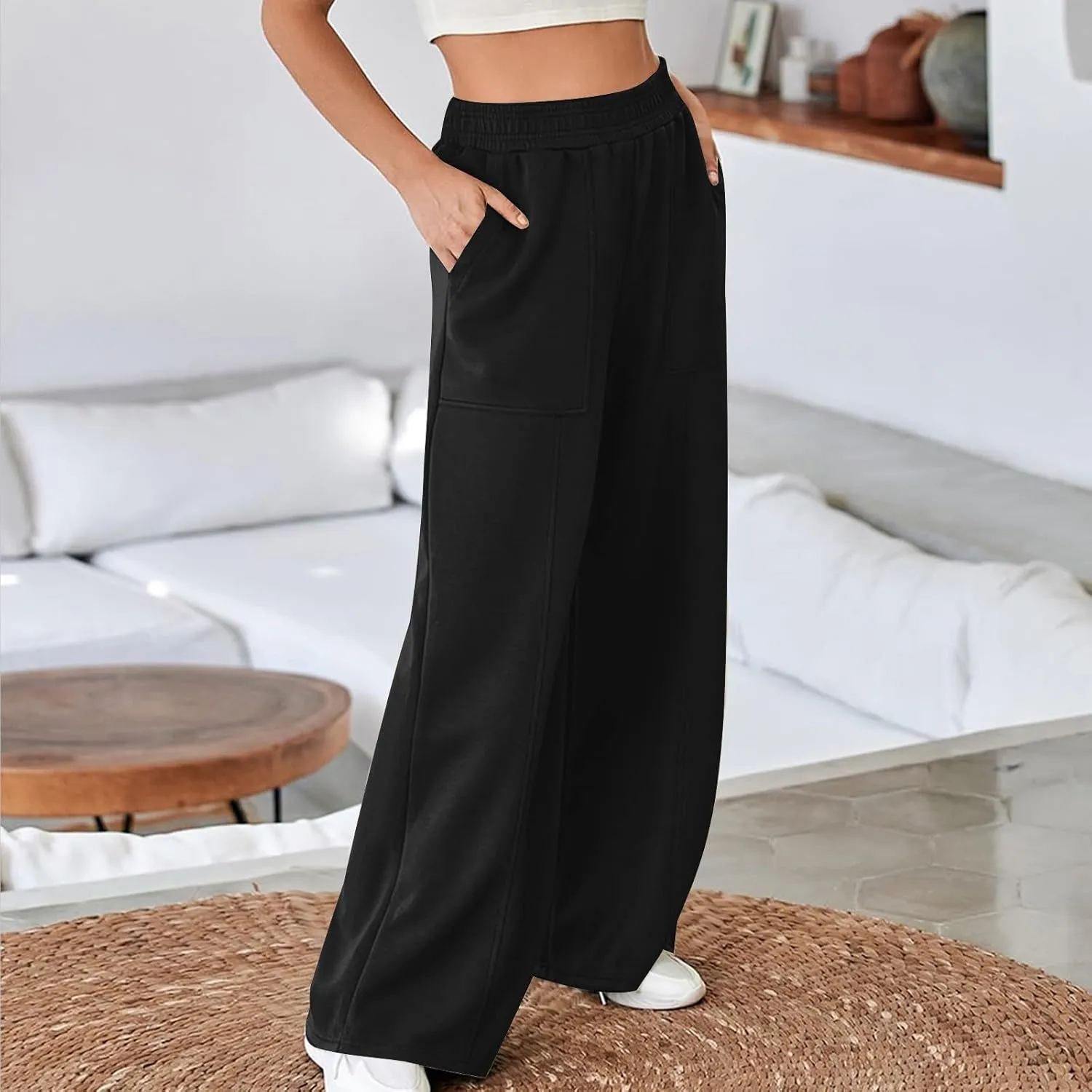 SMIDOW Womens High Waisted Wide Leg Palazzo Pants Trendy Fall Fashion Warm Fleece Sweatpants Workout Long Lounge Trousers
