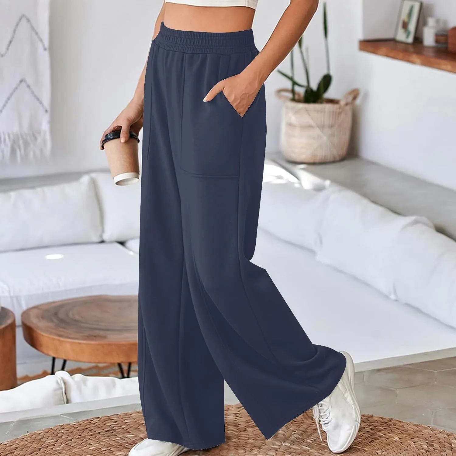 SMIDOW Womens High Waisted Wide Leg Palazzo Pants Trendy Fall Fashion Warm Fleece Sweatpants Workout Long Lounge Trousers