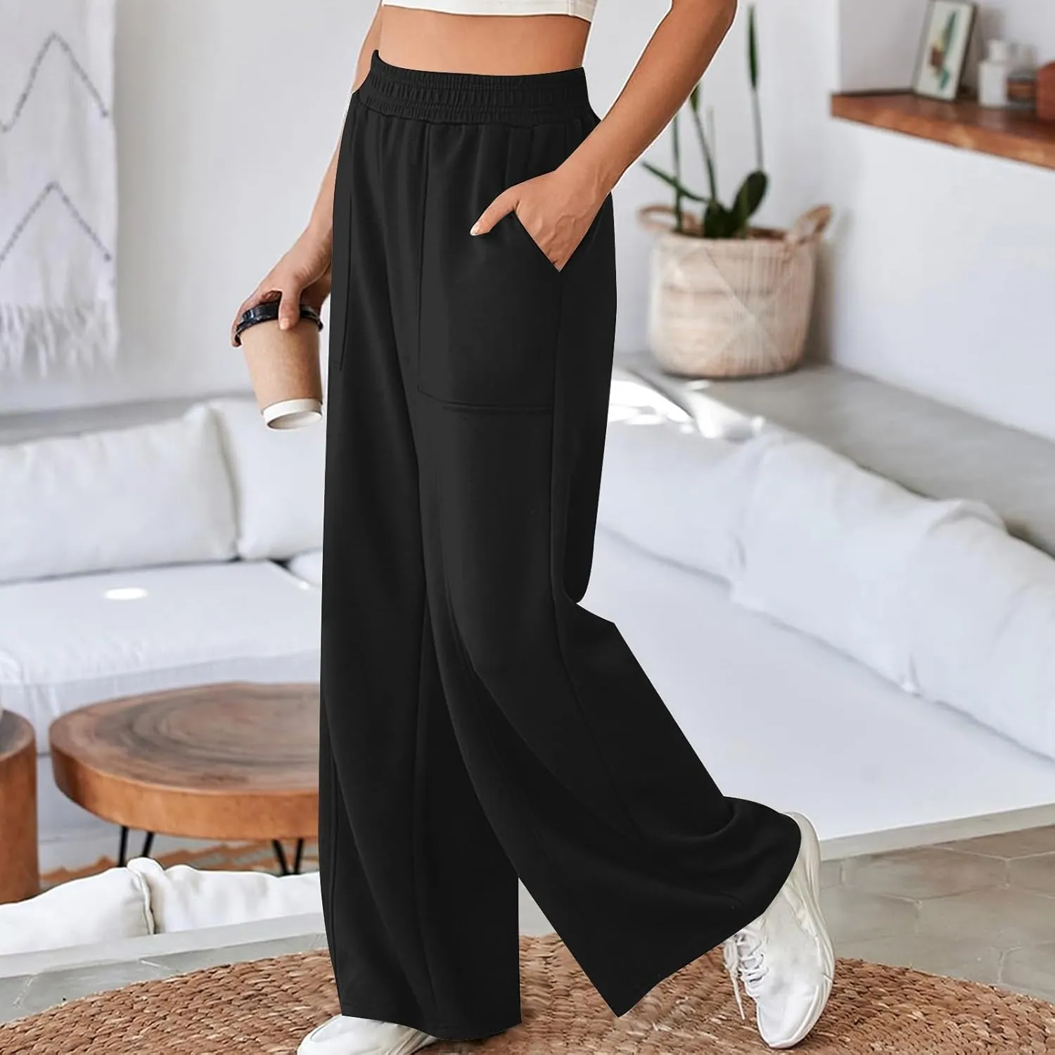 SMIDOW Womens High Waisted Wide Leg Palazzo Pants Trendy Fall Fashion Warm Fleece Sweatpants Workout Long Lounge Trousers